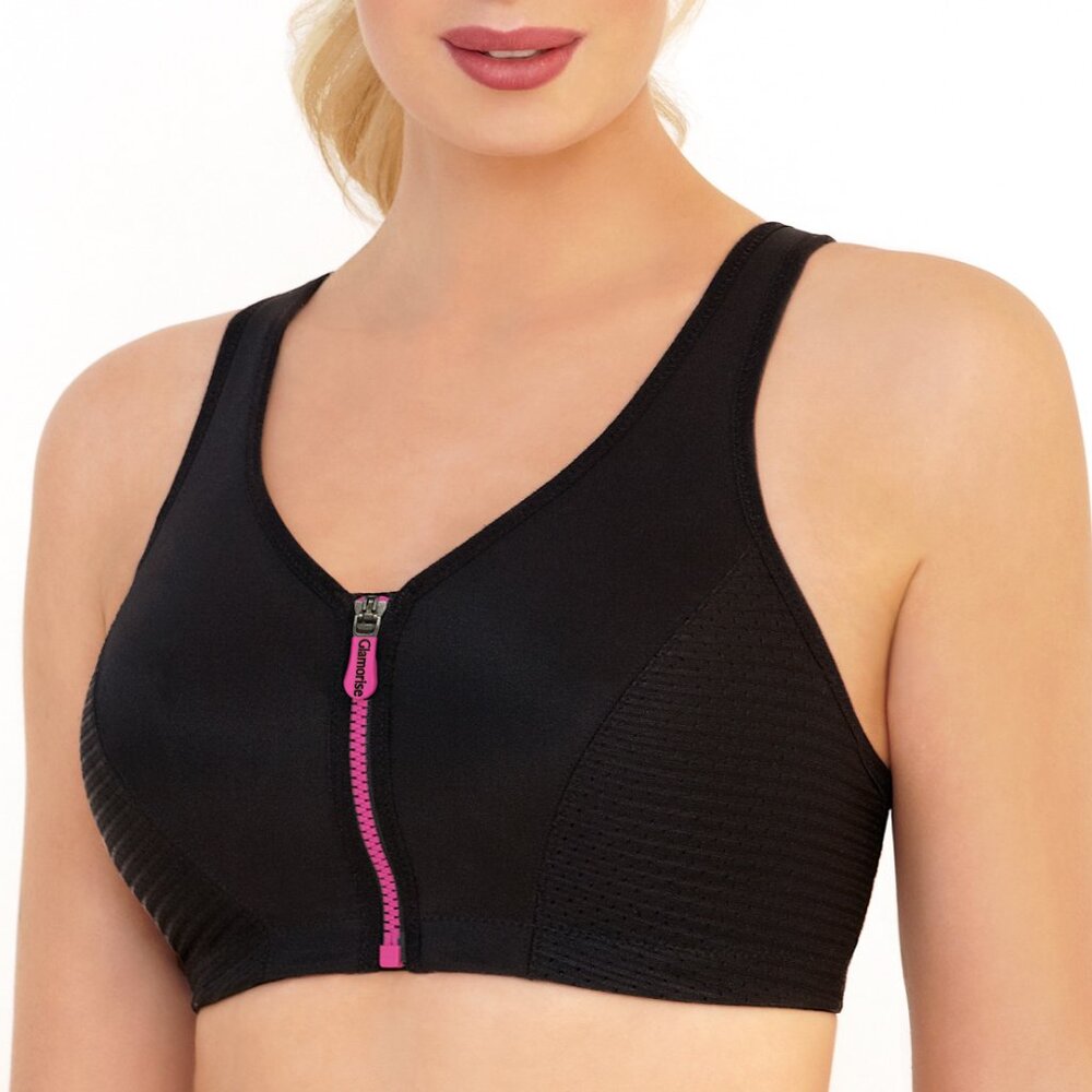 Glamorise SPORT Bra 42B (HIGH-IMPACT) Wicks! (RACERBACK) T-Back Zip-Up Black NEW